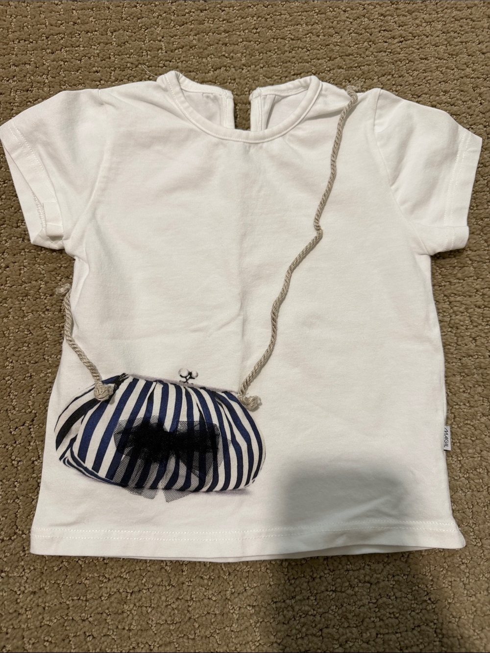 White Girls Tee with Navy Striped Purse Graphic and Rope Strap